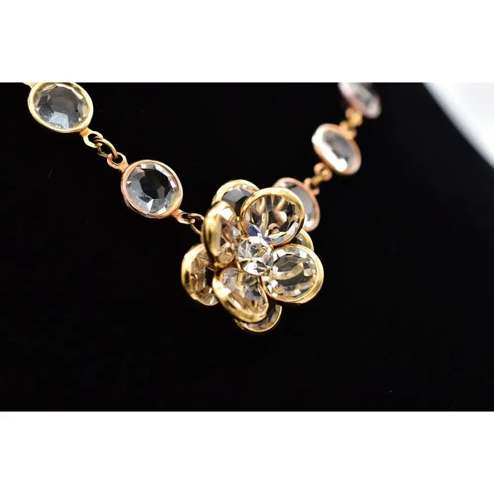 Vintage Clear Open Bezel Crystal Flower Necklace Collar Gold Rhinestone 1980s 9J